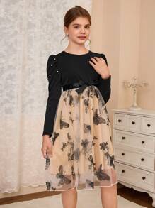 SHEIN Round Neck Puff Sleeve Random Pearl Beaded Butterfly & Mesh Girls Dress