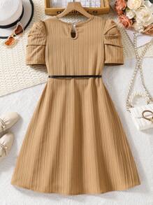 Tween Girl 纯色圆领优雅短袖连衣裙