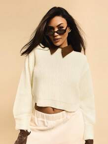 Athîral Barnfit Style-Women Casual Contrast Color Crew Neck Drop Shoulder Cropped Sweater, Autumn/Winter