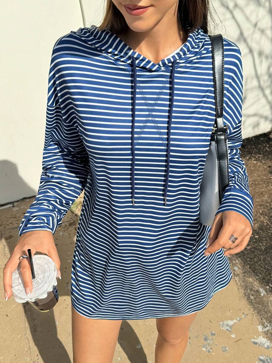 INAWLY Women's Casual Loose Drop Shoulder Striped Print Long Sleeve Hooded Sweatshirt, Autumn/Winter Pullover Fall - Blue - View 1