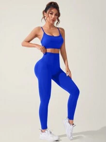 Core Rhythm 1 set Camiseta de tirantes y mallas cruzadas en la espalda de unicolor, conjunto deportivo para mujer para entrenamiento diario, conjunto de mallas para mujer