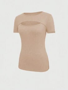 INAWLY Camiseta ajustada de mujer casual de unicolor con diseño calado