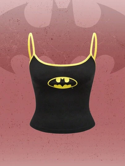 Batman X ROMWE Casual Streetwear Style Logo Print Ringer Cropped Cami Top