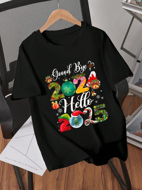 Teen Girl Casual Christmas Print Round Neck Short Sleeve T-Shirt