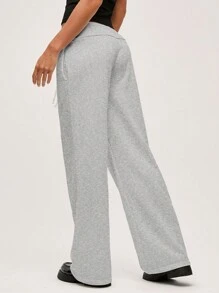 SHEIN BASICS Quần nỉ dệt kim lưng thấp dáng rộng màu trơn thường ngày cho nữ - Xám - Xem 2