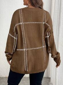 Elenzga Pull en tricot ample, élégant et décontracté à carreaux, automne/hiver, grande taille