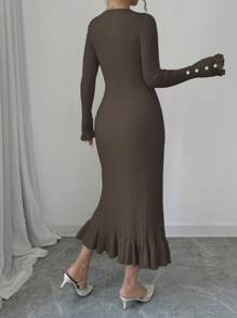 Chiquease Váy len dệt kim viền bèo nhún mặc thường ngày cho nữ, thanh lịch cho mùa thu đông - Cà phê nâu - Xem 2