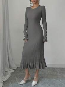 Chiquease Women Solid Color Round Neck Long Sleeve Simple Fitted Long Casual Sweater Dress