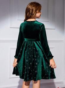 SHEIN Vestido de terciopelo con efecto de brillo en la cintura para niñas preadolescentes, elegante vestido de fiesta reflectante, adecuado para primavera, otoño y invierno/Navidad