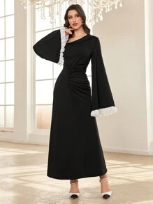 Modelyn 女士不对称领口拼色喇叭袖腰部荷叶边超长优雅连衣裙长款女士装长款晚礼服 - 黑色 - 查看 2