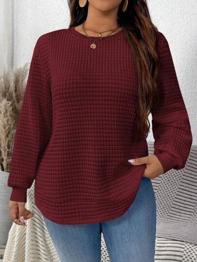 SHEIN LUNE Plus Size Women Casual Solid Color Textured Fabric Pullover Sweatshirt Winter Fall Autumn
