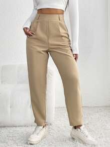 SHEIN PETITE High Waist Fold Pleated Detail Pants - Khaki - View 3