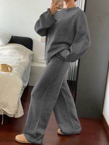 DAZY 2 件套女士针织毛衣套装，休闲时尚，适合秋冬日常穿着 - 深灰色 - 查看 4
