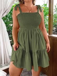 SHEIN Clasi Bộ đồ liền thân không tay có viền xếp nếp màu trơn cỡ lớn - Màu xanh Ô liu - Xem 3