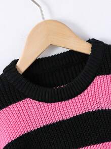 Tween Girl Y2K Colorblock Striped Crew Neck Loose Knit Sweater, Autumn/Winter - Hot Pink - View 4