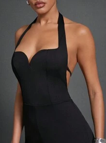 SHEIN Haute 1pc Women's Fashion Solid Color Backless Halter Jumpsuit, Summer - Black - View 2