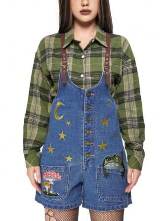 Fairycore Salopette et combinaison en jean femme style cottagecore avec broderie de champignons, grenouilles, étoiles et lune