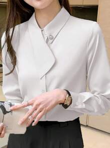 EMERY ROSE 不对称领百搭优雅女士通勤 T 恤 - 白色 - 查看 4