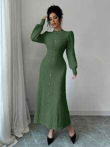 Elenzga 优雅纯色灯笼袖腰收腰长款毛衣连衣裙，秋冬 - 綠色 - 查看 4