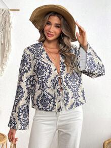 SHEIN VCAY Woven Printed Long Sleeve Loose Fit Women Blouse - Blue - View 4