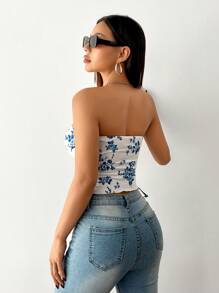 SHEIN PETITE Women's Vacation Blue And White Floral Tube Top With Mid-Front Slit Ice Silk Comfortable Top. Can Be Worn During Afternoon Tea And Graduation Season As A Winter Inner Layer.