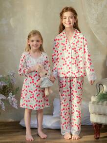 SHEIN 2pcs Tween Girls Elegant Lace Woven Print Long Sleeve Top And Long Pants Comfy Loungewear Set