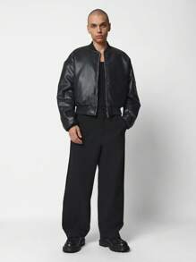 SUMWON Premium Faux Leather Bomber Jacket Cropped Fit High End Design Urban Streetwear Outerwear Fall Winter Zip Up Classic Modern Fashion Essential