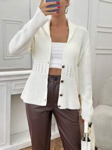 RueChic Woman Cable Knit Detailed Button Front Elegant Cardigan - White - View 5