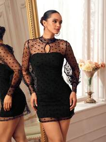 Ishaarah Designer Black Sheer Polka Dots Mesh Dress And Tube Elegant Mini Dress Set, Going Out, Spring & Summer, Festival, Wedding, Prom Dress - Black - View 4