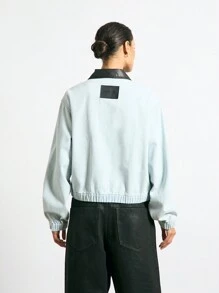 AiiRZ Vintage Style Trucker Denim Jacket Contrast Collar All Season Classic Outerwear With Leather Details Fashion Statement Piece Streetwear Essential - Baby Blue - View 2