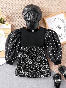 2pcs/Set Young Girl Polka Dot Long Sleeve Top And Glitter Skirt Set - Black - View 1