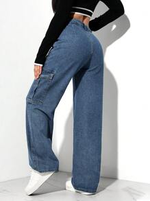 SHEIN EZwear 休闲直筒洗水牛仔工装裤 - 深色水洗藍 - 查看 3