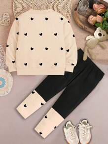 SHEIN 2pcs Young Girl Cute Minimalist Heart Pattern Beige Casual Crew Neck Long Sleeve Sweatshirt And Leggings Set, Suitable For Autumn/Winter