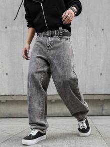 Claim Dot Men'S Contrast Stitching Slanted Pocket Baggy Denim Jeans - Light Grey - View 7