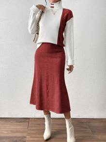 Calvaya Vestido largo elegante y de moda con escote en V, contraste de colores, lazo, manga con campana de cola de pez, para otoño/invierno, estilo europeo y americano