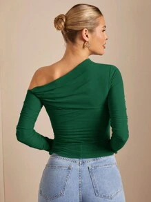 SHEIN BAE 1pc Asymmetric Ruched Sheer Fitted Solid Color Blouse