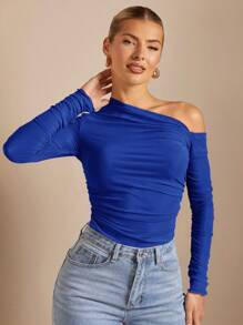 SHEIN BAE 1pc Solid Color Asymmetrical Ruched Fitted Casual Long Sleeve T-Shirt - Royal Blue - View 5