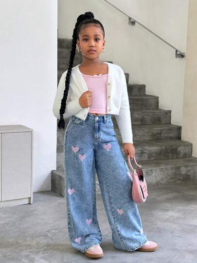 Tween Girl Sweet Heart Embroidery Straight Leg Wide Loose Jeans,Holiday,Summer,Travel
