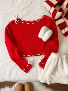 Comfortcana Women's New Autumn And Winter Christmas Contrast Color Strappy Red Sweater Valentine's Day