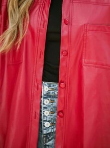 SHEIN LUNE 2024 Autumn/Winter New Women Red Front Open Jacket Coat Leather - Red - View 7