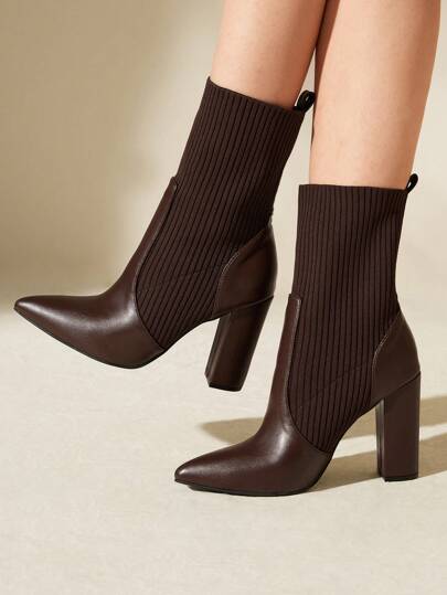 CUCCOO BASICS Women's Fashion Brown Fabric Elastic Pointed Toe Chunky Heel Mid-Calf Boots, Suitable For Commute, Dating, Party, Holiday, Festival For And Vibe And Spring Shoes Spring Break Easter For Christmas