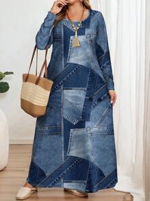 EMERY ROSE Đầm cổ tròn dài tay in họa tiết tối giản giản dị cỡ lớn dành cho nữ, phù hợp cho mùa thu/đông - Nhiều màu - Xem 5