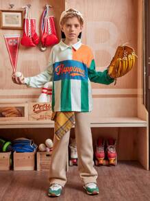 SHEIN Explorewe 2pcs Tween Boys American College Style Casual Contrast Stripe Polo Shirt Long Sleeve & Sweatpants Set, Suitable For Spring, Autumn And Winter - Multicolor - View 4