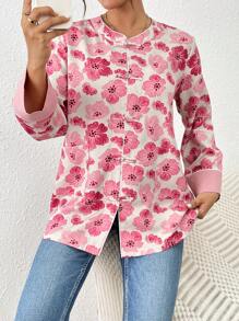 SHEIN Clasi 1pc Women Floral Print Long Sleeve Front Button Down Shirt With Pockets, Random Prints - Multicolor - View 3