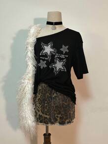 Attitoon Camiseta feminina vintage casual com efeito jeans e estampa de estrela e ombros caídos - Preto - Ver 6