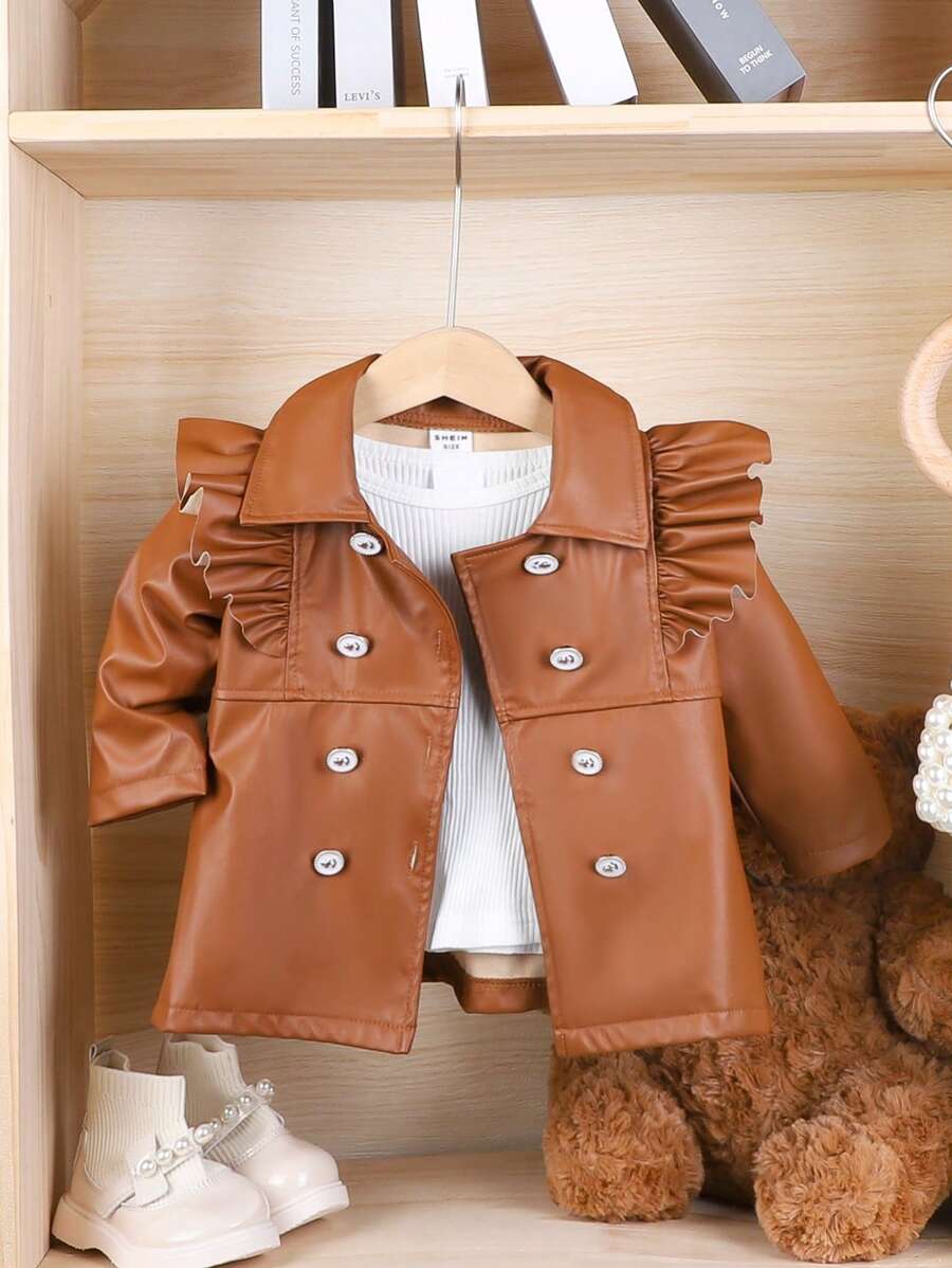 Baby Girl Elegant Fashion Street Style PU Leather Patchwork Ruffle Trim Long Sleeve Jacket, Spring/Autumn - Brown - View 1