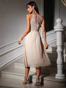 SHEIN Unity 优雅亮片拼接细肩带伴娘礼服长款女装 - 香檳色 - 查看 2