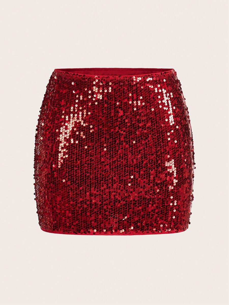 SHEIN ICON Women Silver Sequin Bodycon Mini Skirt, For Christmas - Burgundy - View 1