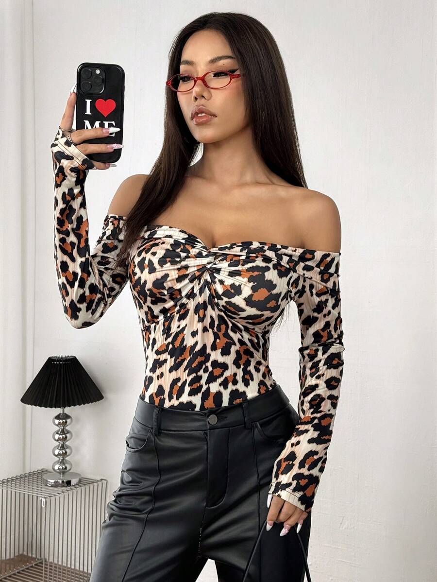INAWLY Women Sexy Off Shoulder Twist Leopard Print Bodysuit - Apricot - View 1