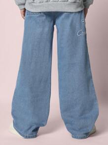 SUMWON Jean de ajuste holgado con bordado para niño preadolescente - Celeste - Ver 4